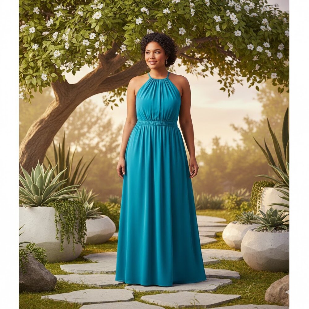Peacock Blue Plus Size Formal Bridesmaid Chiffon Gown w/ Pockets NWT